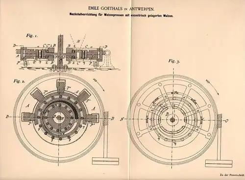 Original Patentschrift - E. Goethals in Antwerpen , 1894 , Nachstellung für Walzenpresse , Presse , Walze !!!