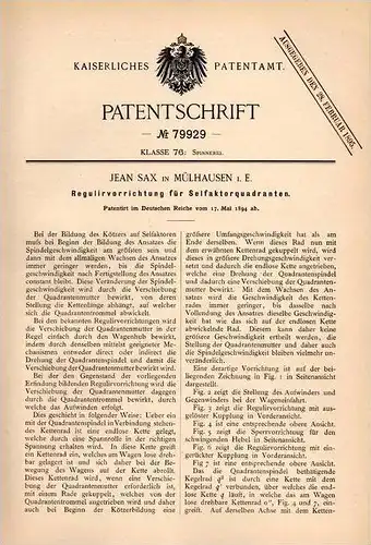 Original Patentschrift - Jean Sax in Mühlhausen / Mulhouse i.E. , 1894 , Réglementation pour la filature , mule !!!