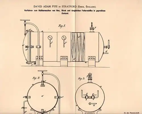 Original Patentschrift - D. Fyfe in Stratford , Essex , 1894 , steam engine for hay and straw , agriculture !!!