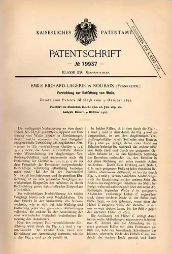 Original Patentschrift - E. Richard - Lagerie in Roubaix , 1894 ,  Appareil pour le dégraissage de la laine !!!