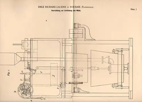 Original Patentschrift - E. Richard - Lagerie in Roubaix , 1894 ,  Appareil pour le dégraissage de la laine !!!