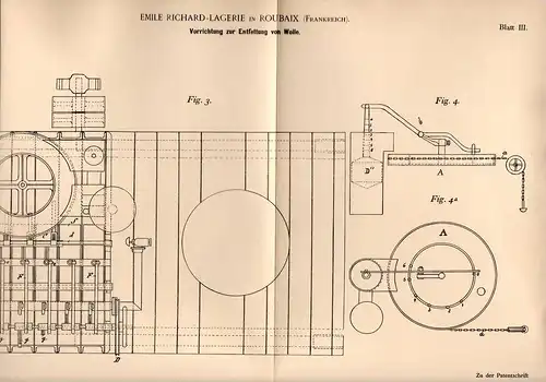 Original Patentschrift - E. Richard - Lagerie in Roubaix , 1894 ,  Appareil pour le dégraissage de la laine !!!