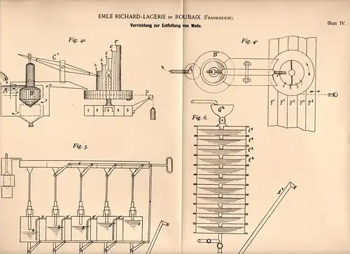 Original Patentschrift - E. Richard - Lagerie in Roubaix , 1894 ,  Appareil pour le dégraissage de la laine !!!