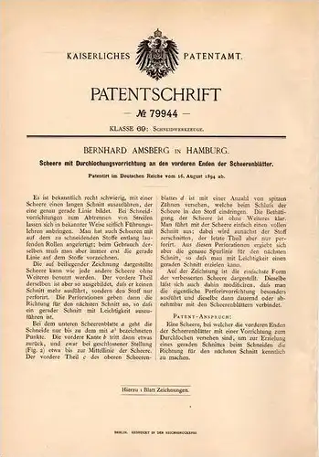 Original Patentschrift - B. Amsberg in Hamburg , 1894 , Scheere mit Durchlocher , Schneider , Näherei , Schneiderei !!!
