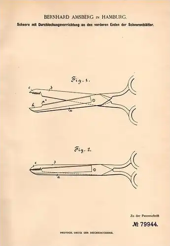 Original Patentschrift - B. Amsberg in Hamburg , 1894 , Scheere mit Durchlocher , Schneider , Näherei , Schneiderei !!!