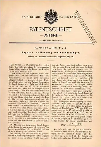 Original Patentschrift - Dr. W. Ule in Halle a.S. , 1894 , Apparat zur Messung von Kurven , Kurve , Geometrie  !!!