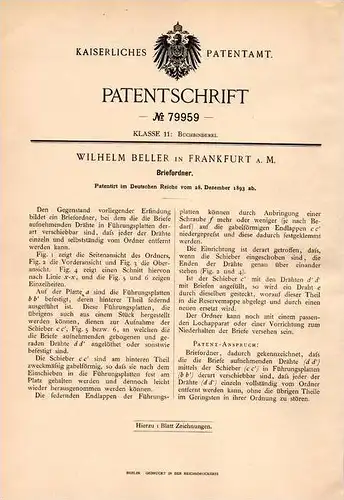 Original Patentschrift - W. Beller in Frankfurt a.M., 1893 , Briefordner , Ordner , Leitz , Herlitz , Büro !!!