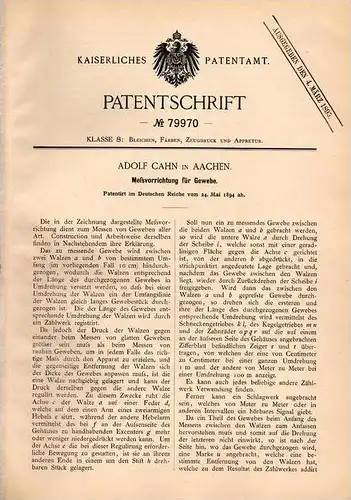 Original Patentschrift - Adolf Cahn in Aachen , 1894 , Meßapparat für Gewebe , Textilien !!!