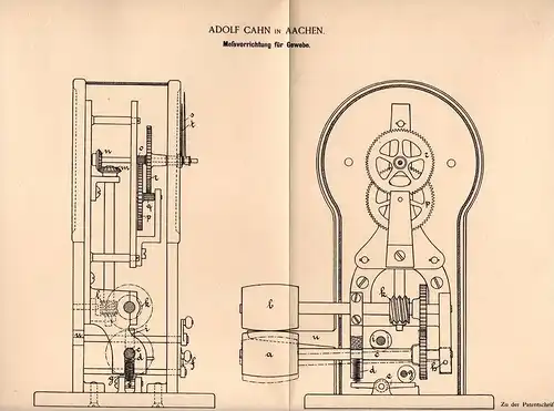 Original Patentschrift - Adolf Cahn in Aachen , 1894 , Meßapparat für Gewebe , Textilien !!!