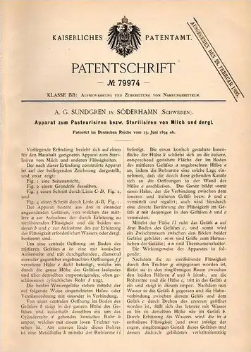 Original Patentschrift - A.G. Sundgren in Söderhamn , Schweden , 1894 , Milch - Sterilisierapparat , Sterilisation !!!