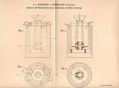 Original Patentschrift - A.G. Sundgren in Söderhamn , Schweden , 1894 , Milch - Sterilisierapparat , Sterilisation !!!