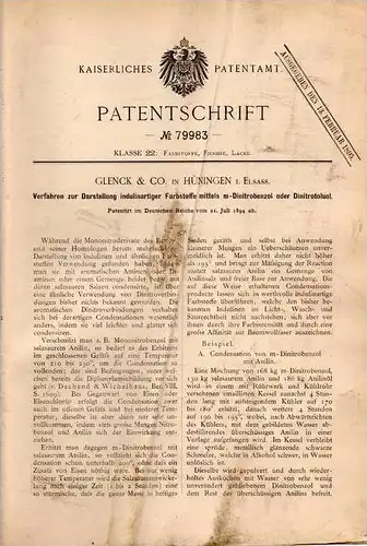 Original Patentschrift - Glenck & Co in Huningue / Hüningen i. Els., 1894 , Darstellung indulinartiger Farbstoffe !!!