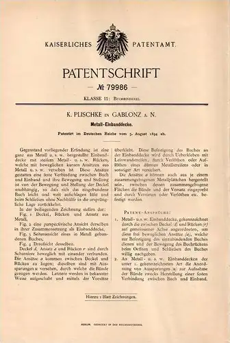 Original Patentschrift - K. Plischke in Gablonz a.N., 1894 , Einband , Buchbinder , Buch , Bücher , Bücherei !!!