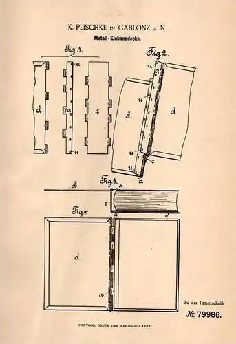 Original Patentschrift - K. Plischke in Gablonz a.N., 1894 , Einband , Buchbinder , Buch , Bücher , Bücherei !!!