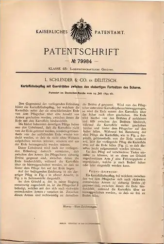 Original Patentschrift - L. Schlender & Co in Delitzsch , 1894 , Kartoffel - Hebepflug , Pflug , Landwirtschaft , Agrar