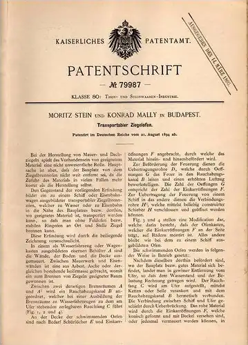 Original Patentschrift -  M. Stein und K. Mally in Budapest , 1894 , Ziegelofen , Ziegelei , Ziegel , Ziegelstein !!!