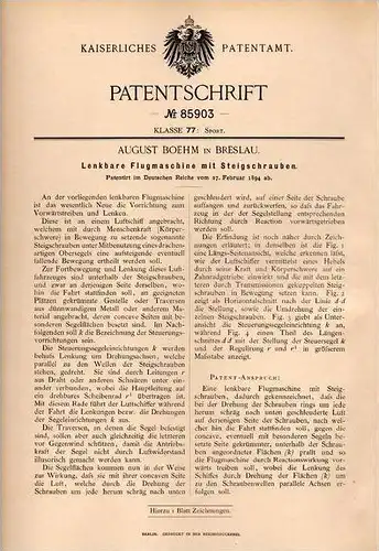 Original Patentschrift - A. Boehm in Breslau , 1894 , Flugmaschine , Luftschiff , Segelflug , Segler , Flugzeug !!!