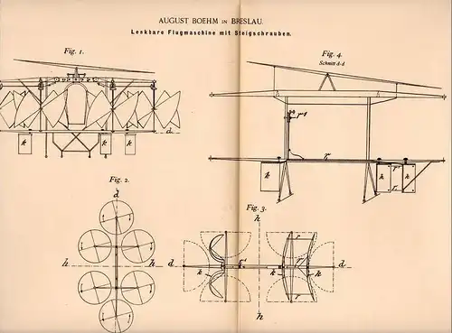 Original Patentschrift - A. Boehm in Breslau , 1894 , Flugmaschine , Luftschiff , Segelflug , Segler , Flugzeug !!!