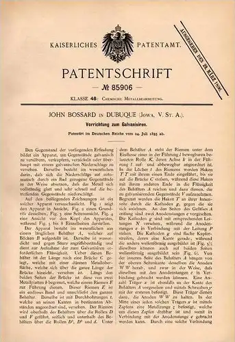 Original Patentschrift - J. Bossard in Dubuque , Iowa , 1895 , electroplate , silver , copper , nickel !!!