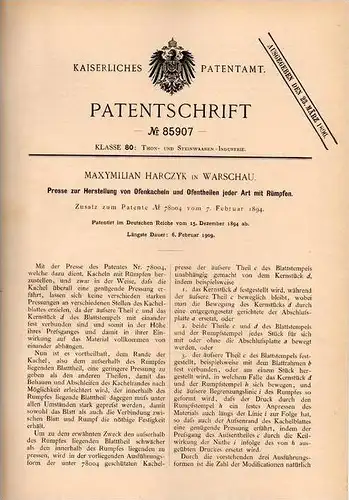 Original Patentschrift - M. Harczyk in Warschau , 1894 , Presse für Ofenkacheln , Ofen , Kacheln , Kachelofen !!!