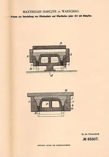 Original Patentschrift - M. Harczyk in Warschau , 1894 , Presse für Ofenkacheln , Ofen , Kacheln , Kachelofen !!!
