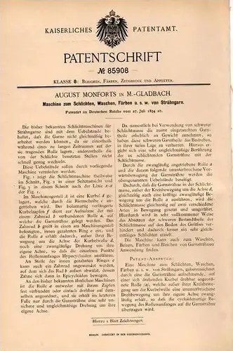 Original Patentschrift - A. Monforts in M. - Gladbach , 1894 , Maschine zum Waschen und Färben von Garn , Wäscherei !!!