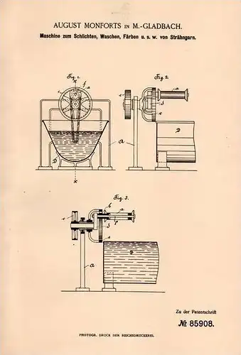 Original Patentschrift - A. Monforts in M. - Gladbach , 1894 , Maschine zum Waschen und Färben von Garn , Wäscherei !!!