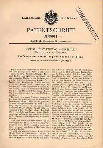 Original Patentschrift - G. Kenning in Invergloy , 1895 , Manufacture of wheels from sheet !!!
