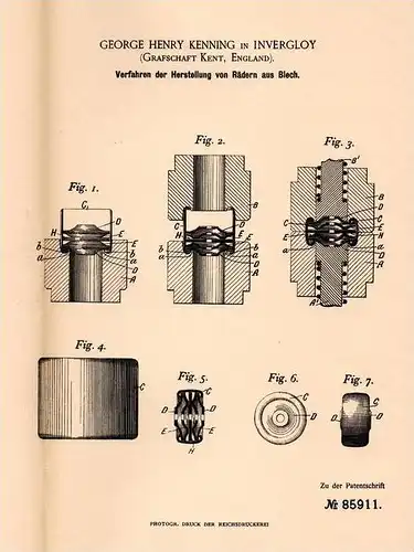 Original Patentschrift - G. Kenning in Invergloy , 1895 , Manufacture of wheels from sheet !!!