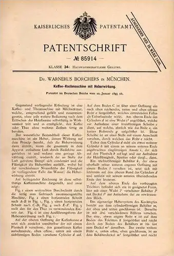 Original Patentschrift - Dr. Warnerus Borchers in München , 1895 , Kaffemaschine , Kaffeautomat , Kaffee , Coffee , Cafe