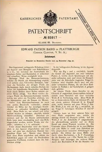 Original Patentschrift - E. Baird in Plattsburgh , Clinton , 1894 , time stamp , stamp machine !!!
