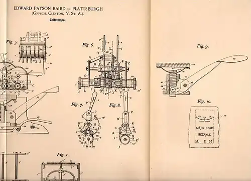 Original Patentschrift - E. Baird in Plattsburgh , Clinton , 1894 , time stamp , stamp machine !!!