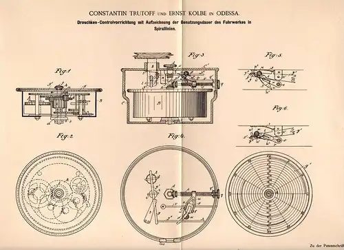 Original Patentschrift - C. Trutoff und E. Kolbe in Odessa , Russland , 1894 , Apparat für Droschke , Kutsche , Pferde !