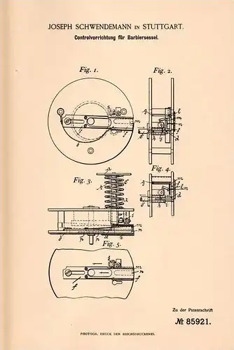 Original Patentschrift - J. Schwendemann in Stuttgart , 1895 , Barbiersessel , Barbier , Friseur , Frisur , Bart !!!