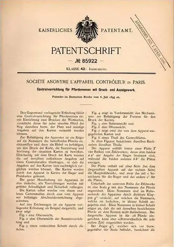 Original Patentschrift - Appareil Controleur in Paris , 1895 , Les courses de chevaux , cheval , Pferderderennen , Pferd