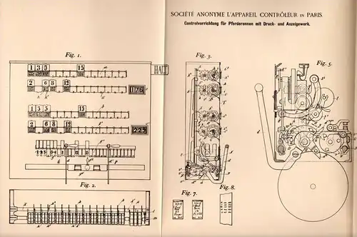 Original Patentschrift - Appareil Controleur in Paris , 1895 , Les courses de chevaux , cheval , Pferderderennen , Pferd