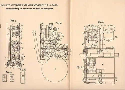 Original Patentschrift - Appareil Controleur in Paris , 1895 , Les courses de chevaux , cheval , Pferderderennen , Pferd