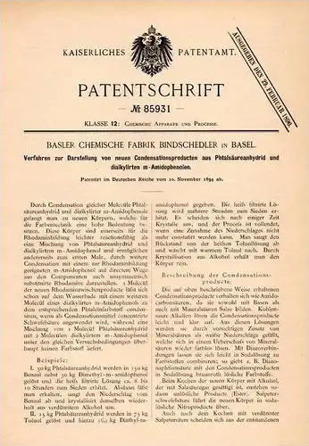 Original Patentschrift - Chemische Fabrik Bindschedler in Basel , 1894 , Darstellung von Condensationsproducten , Chemie
