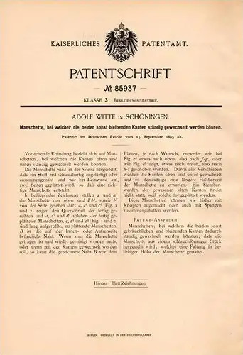 Original Patentschrift - Adolf Witte in Schöningen , 1895 , Manschette für Bekleidung , Hemd , Textilien !!!