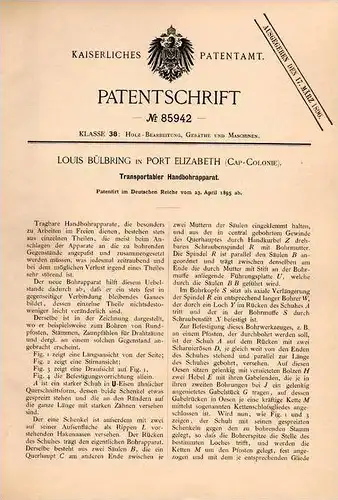 Original Patentschrift - L. Bülbring in Port Elizabeth , 1895 , portable hand drill !!!
