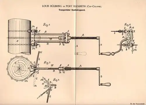 Original Patentschrift - L. Bülbring in Port Elizabeth , 1895 , portable hand drill !!!