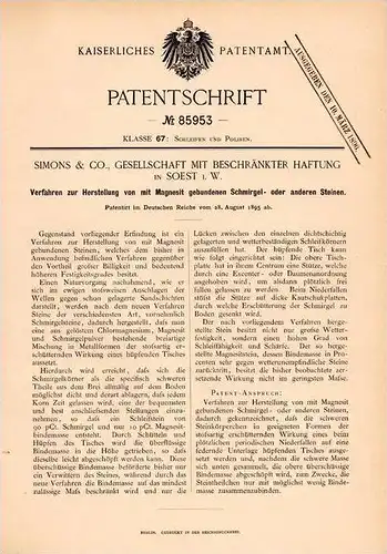 Original Patentschrift - Simons & Co in Soest i.W., 1895 , Magnesit - Herstellung , Schmirgelscheibe , Schleifstein !!!