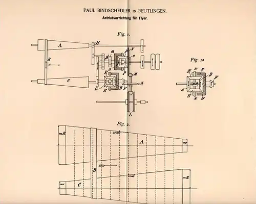 Original Patentschrift - Paul Bindschedler in Reutlingen , 1895 , Antrieb für Flyer , Spinnerei !!!