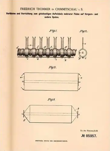 Original Patentschrift - F. Trommer in Crimmitschau i.S., 1895 , Apparat für Spulen , Spinnerei , Spinnmaschine , Garn !