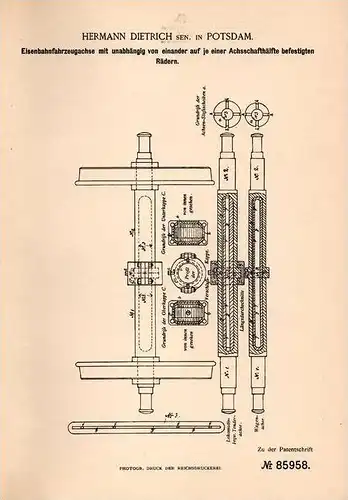 Original Patentschrift - H. Dietrich in Potsdam , 1895 , Eisenbahn - Fahrzeugachse , Lokomotive !!!