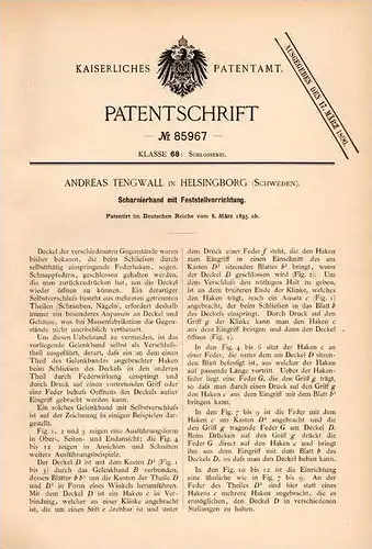 Original Patentschrift -  A. Tengwall in Helsingborg , Schweden , 1895, Scharnier mit Feststeller , Schloss , Schloserei