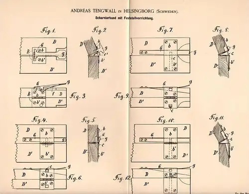 Original Patentschrift -  A. Tengwall in Helsingborg , Schweden , 1895, Scharnier mit Feststeller , Schloss , Schloserei