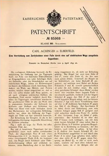 Original Patentschrift - Carl Achinger in Elberfeld , 1895 , elektr.  Schloßfalle , Schlüsseldienst , Wuppertal !!!