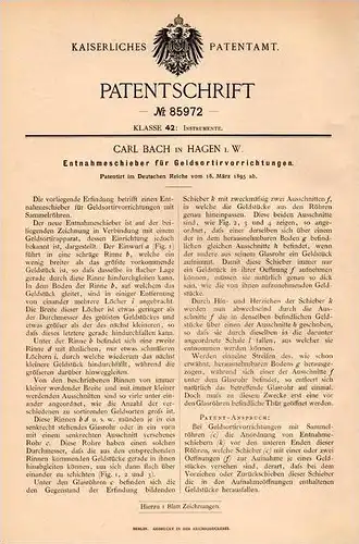 Original Patentschrift - Carl Bach in Hagen i.W. , 1895 , Geldsortierer für Sparkasse , Bank , Geld , Münzen !!!