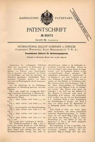 Original Patentschrift- Int. Ballot Company in Spencer , Worcester ,1895, apparat vote , republican , democrat , Senator